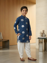 The Silver Majestic Elephant Printed Kurta & Pajama Set (Navy).