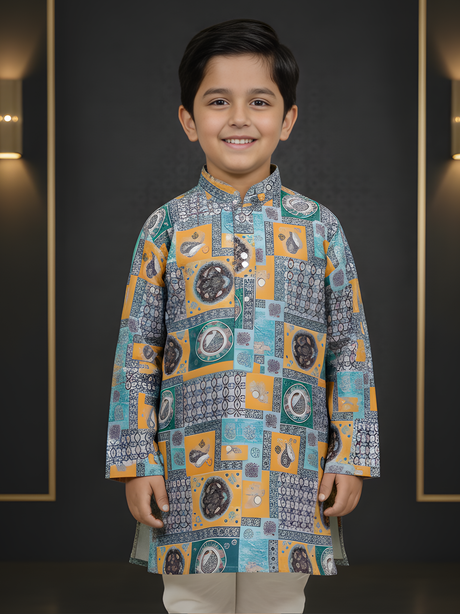 Boys Mustard Yellow Mughal Heritage Print Kurta Set.