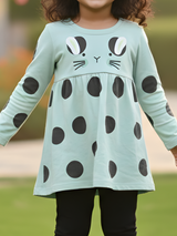 Girls' Mint Green Long-Sleeve Polka Dot Bunny Frock