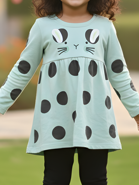 Girls' Mint Green Long-Sleeve Polka Dot Bunny Frock