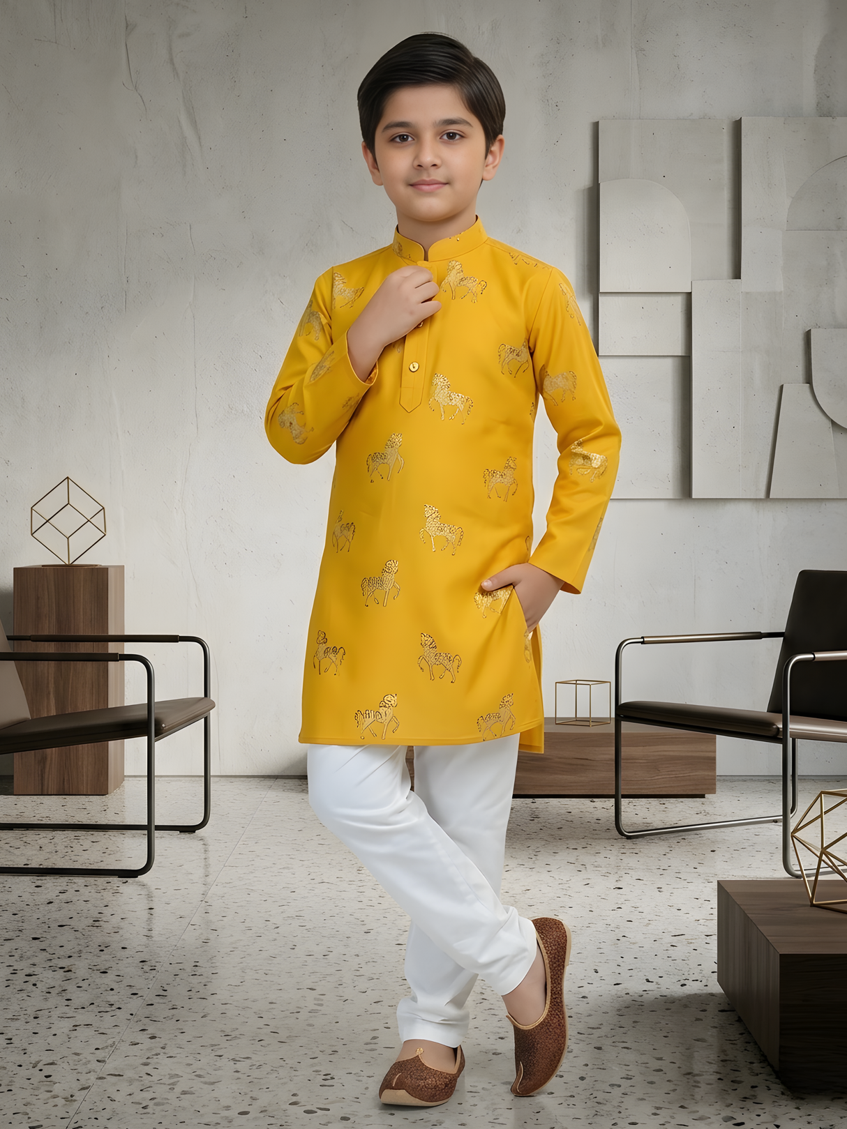 The Golden Steed Embroidered Kurta & Pajama Set (Haldi Yellow).