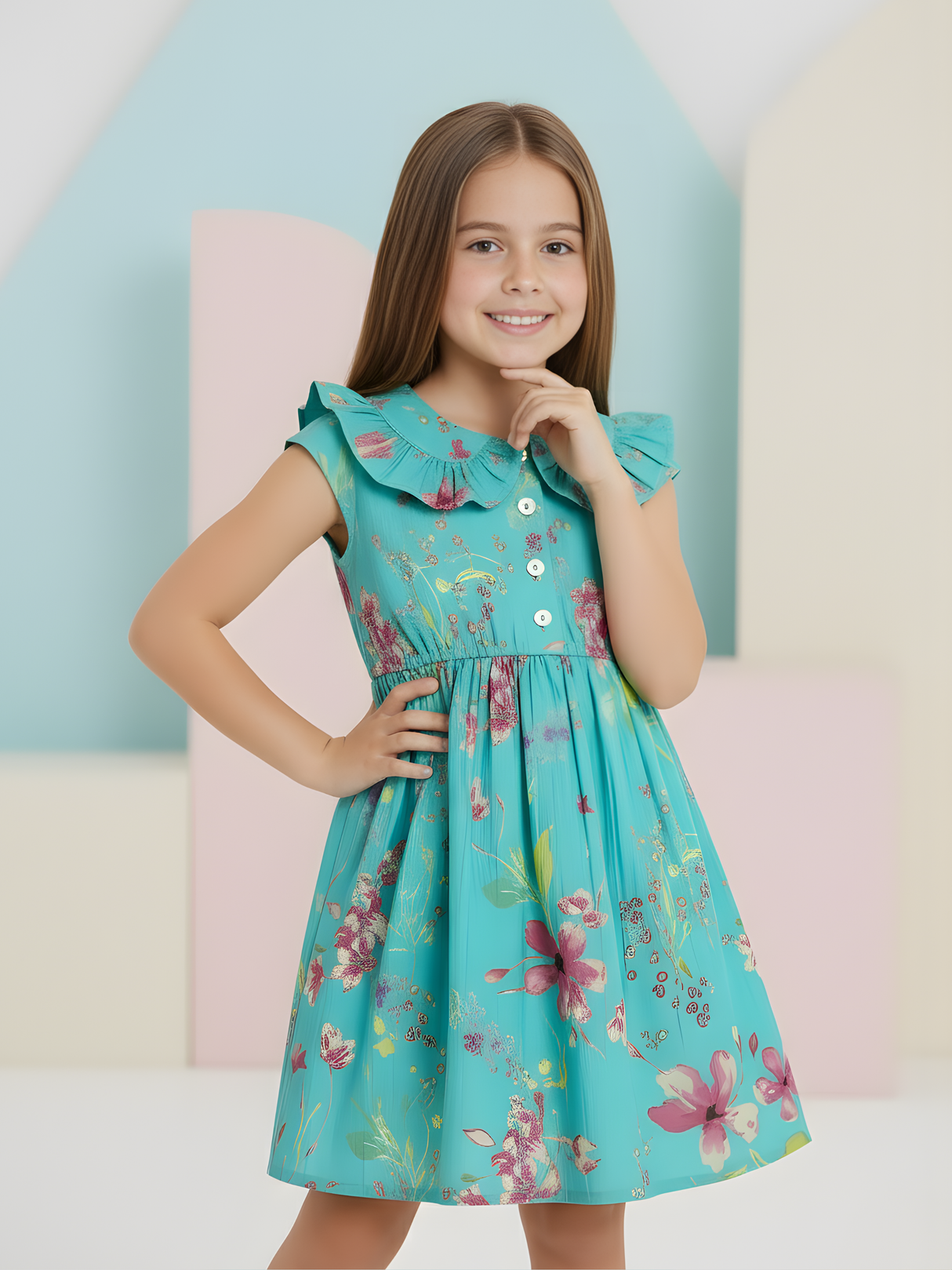 Girls' Floral Print Teal Green Frill Collar Summer Frock/Dress