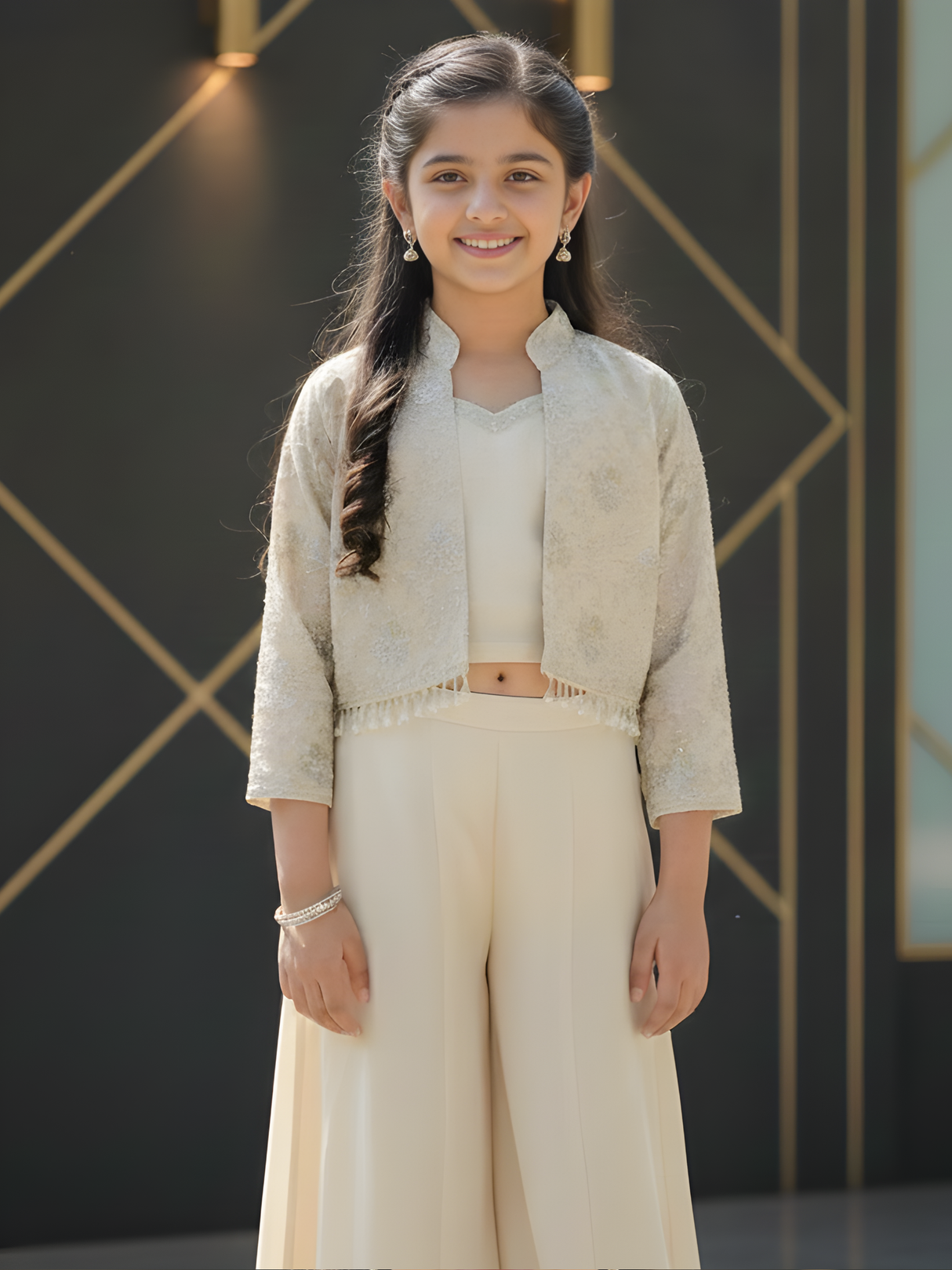 Girls Cream Pearl-Accent Embroidered Jacket and Palazzo Set