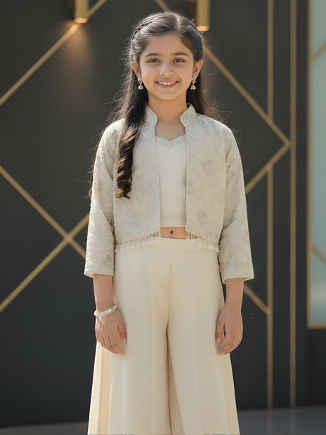 Girls Cream Pearl-Accent Embroidered Jacket and Palazzo Set