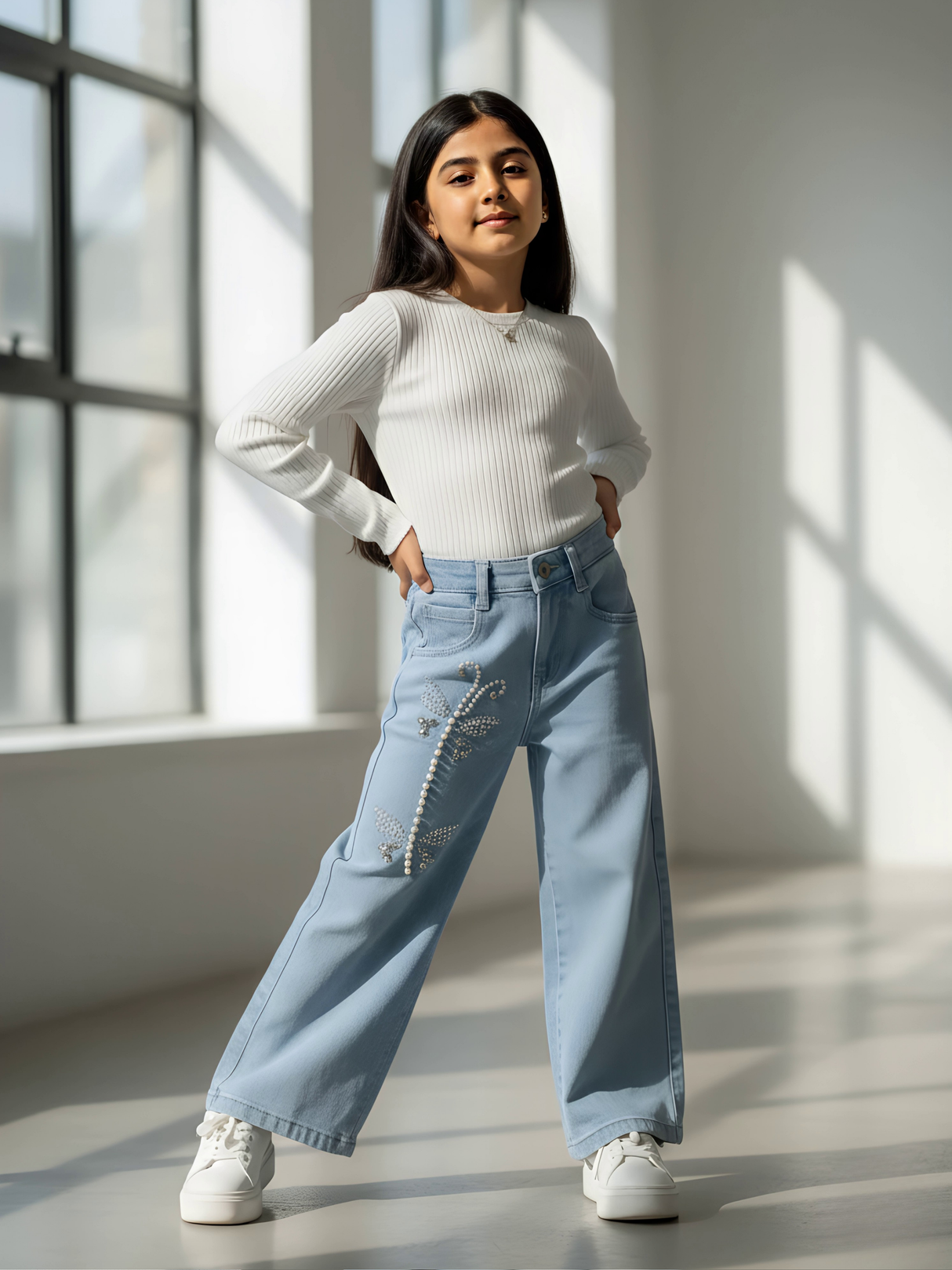 Girls' Light Blue Pearl Butterfly Wide-Leg Jeans.