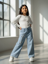 Girls' Light Blue Pearl Butterfly Wide-Leg Jeans.