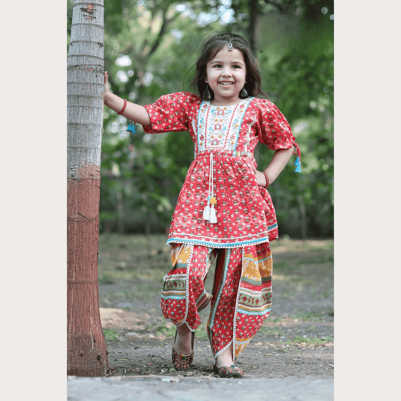Girls' Traditional Red Floral Print Peplum Top and Dhoti Pant