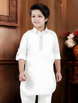 Boys' Elegant White Kurta Pyjama Set with Embroidered Placket