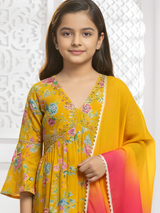 Girls' Sunny Yellow Floral Print Kurta and Palazzo Set with Ombré Dupatta