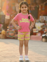 Girls Pink Cotton Blend "Hello Everyone" Printed T-Shirt and Shorts Co-ord Set