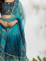 Girls' Navy Blue Embroidered Choli, Teal Print Lehenga & Ombre Dupatta Set