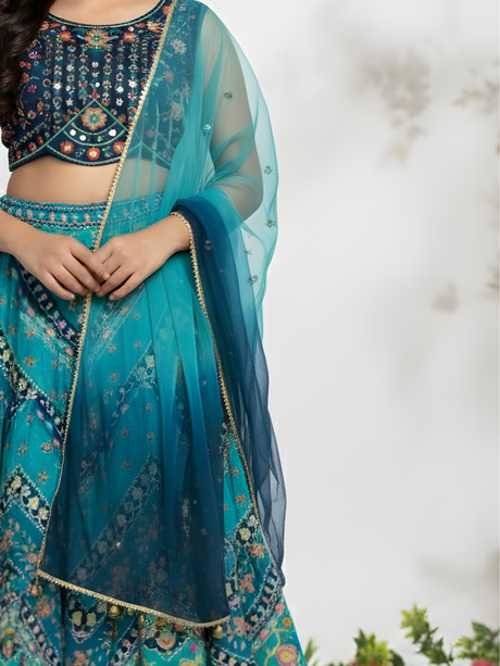 Girls' Navy Blue Embroidered Choli, Teal Print Lehenga & Ombre Dupatta Set