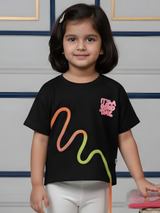 Girls Black "Good Day" Graphic Tee with Rainbow Cord Detail