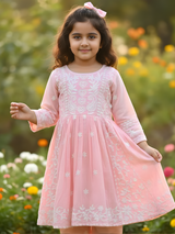 Girls' Pastel Pink Embroidered Kurti and Pant Two-Piece Set