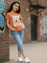 Girls' Burnt Orange Graphic Print Casual Top