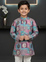 Boys Pink & Turquoise Geometric Print Kurta with White Pajama Set