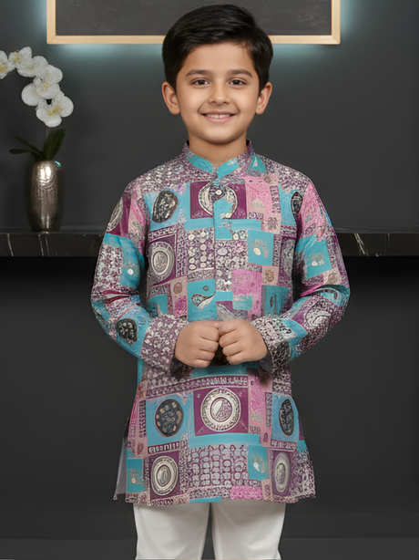 Boys Pink & Turquoise Geometric Print Kurta with White Pajama Set