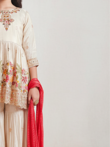 The Royal Blossom Embroidered Peplum Garara Set (Cream/Fawn).