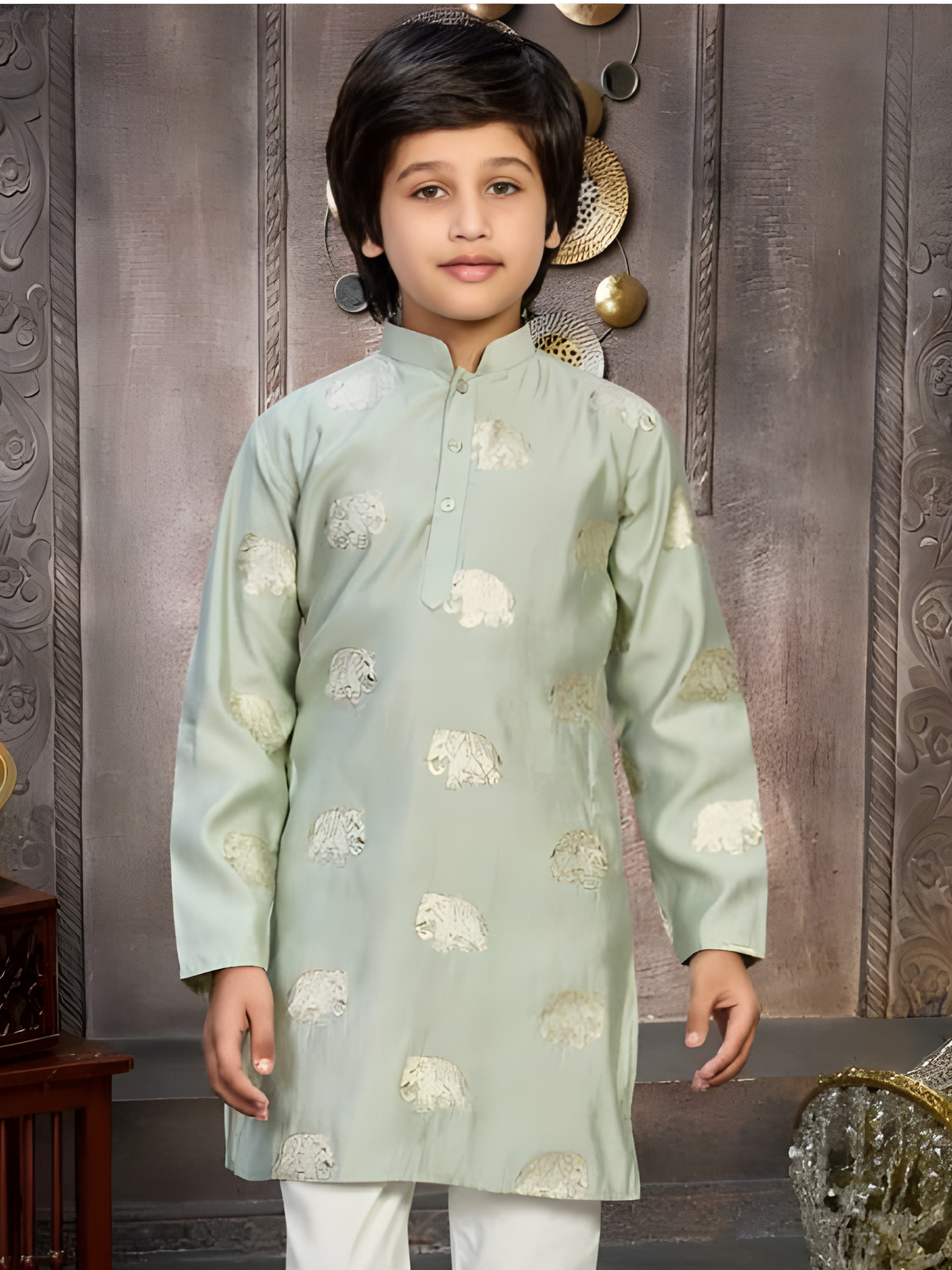 Boys' Olive Green Kurta Pyjama Set with Gold Brocade Waistcoat (3-Piece)