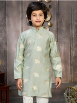 Boys' Olive Green Kurta Pyjama Set with Gold Brocade Waistcoat (3-Piece)