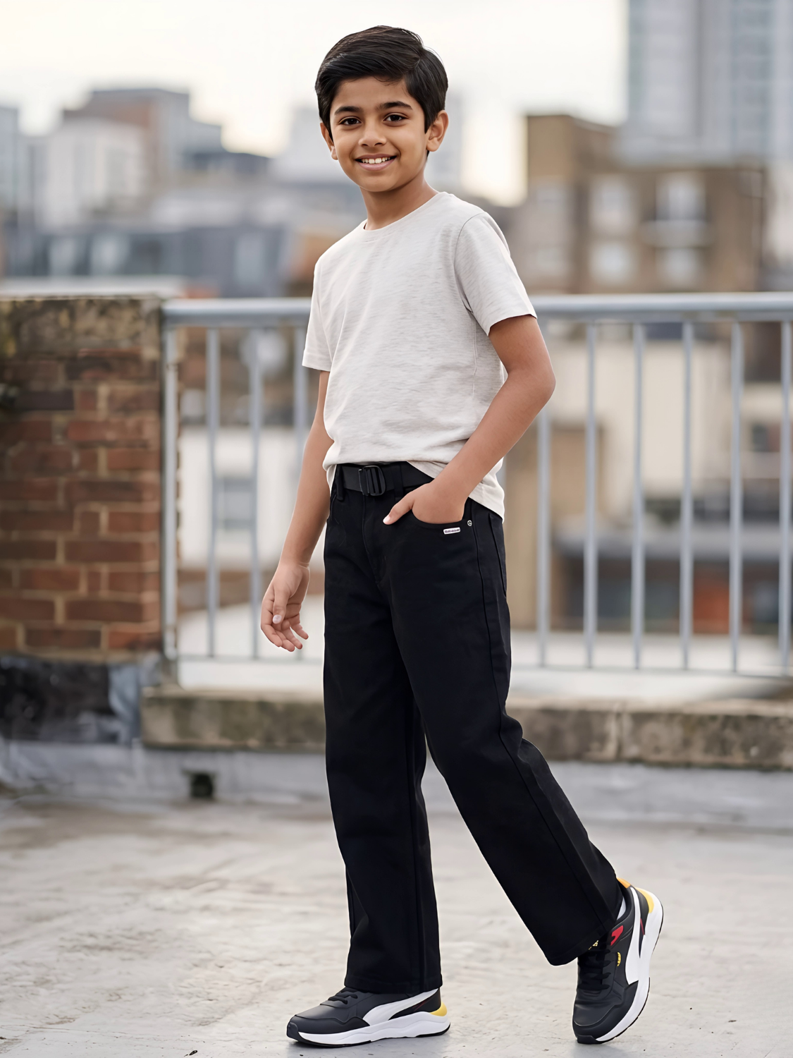 Boys' Classic Black Denim Jeans with Wide-Leg Fit and Black Belt