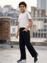 Boys' Classic Black Denim Jeans with Wide-Leg Fit and Black Belt