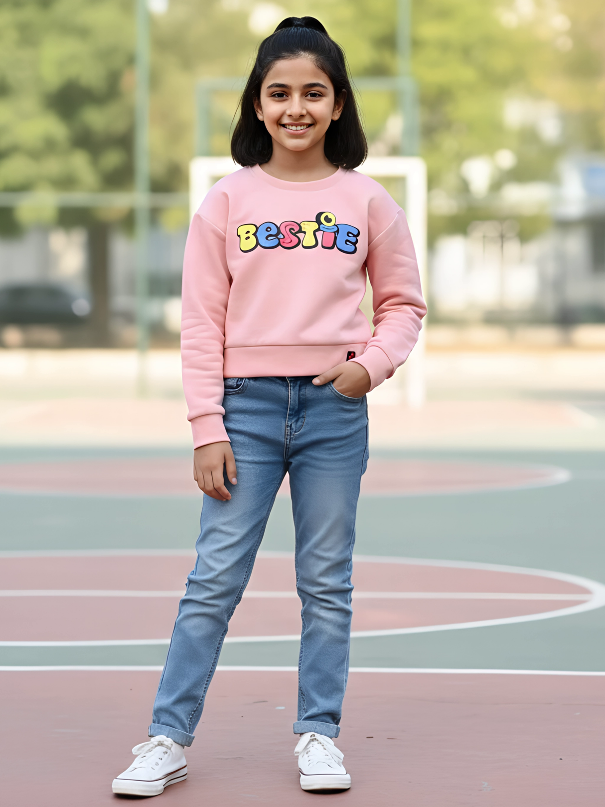 Girls Vibrant "BESTIE" Graphic Print Pink Full Sleeve Sweatshirt