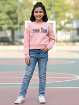 Girls Vibrant "BESTIE" Graphic Print Pink Full Sleeve Sweatshirt