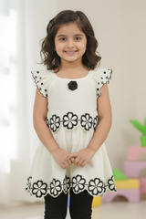 Girls' Elegant Cream Dress with Black Floral Embroidery