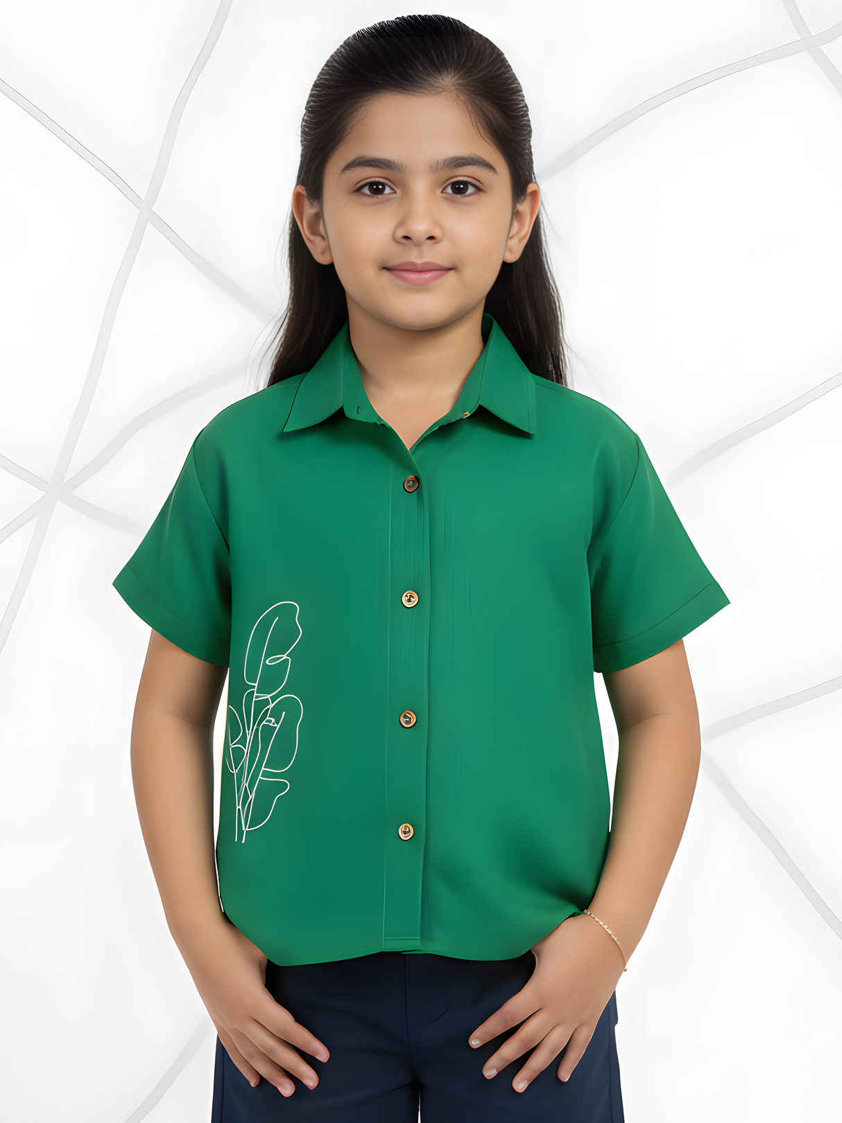 Girls Emerald Green Short Sleeve Shirt with Leaf Embroidery