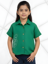 Girls Emerald Green Short Sleeve Shirt with Leaf Embroidery