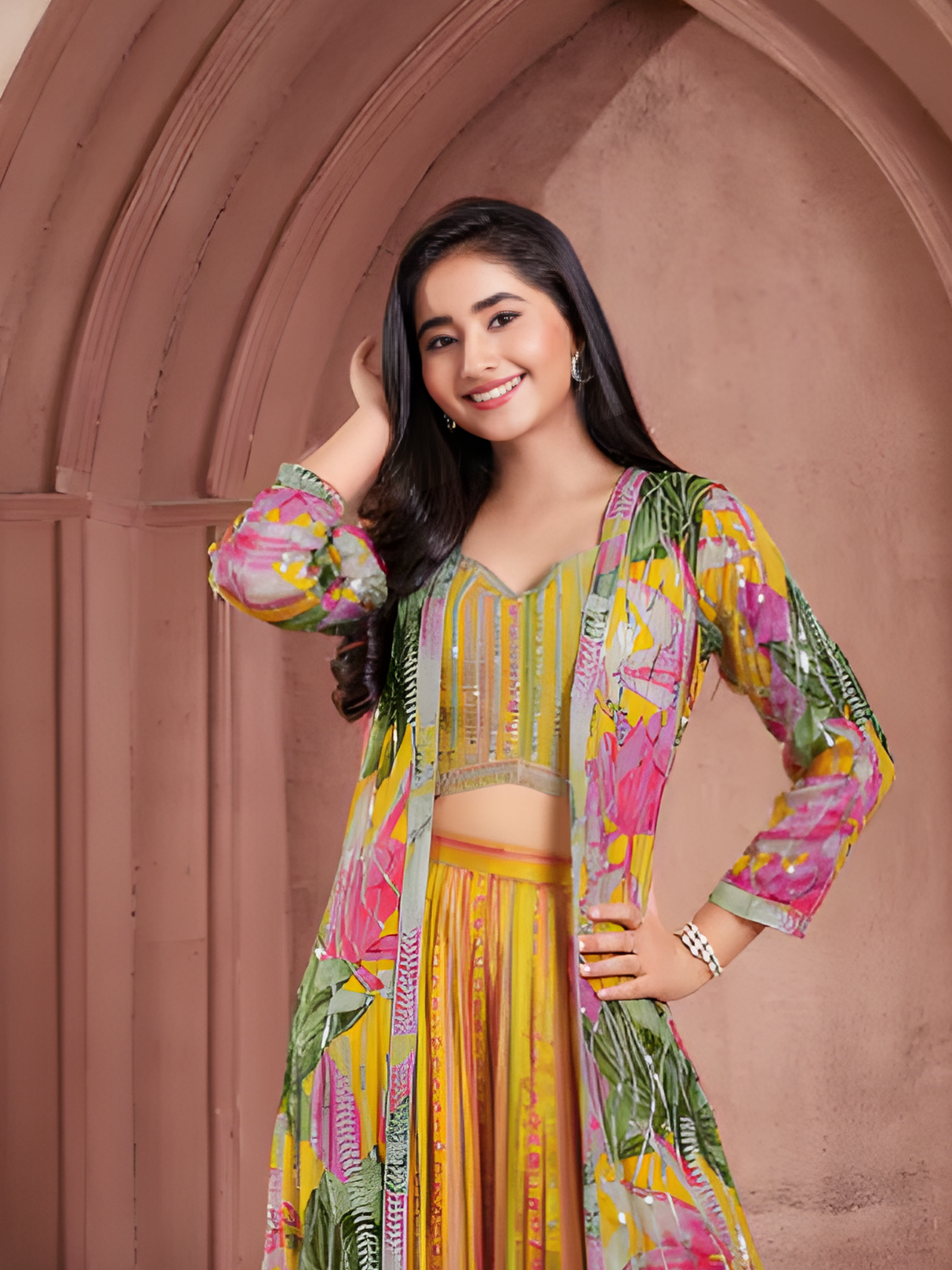 Girls' Vibrant Yellow & Blue Floral Lehenga Choli
