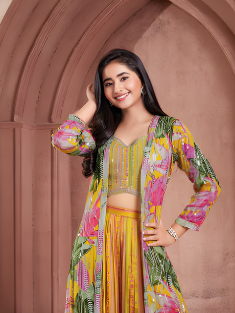 Girls' Vibrant Yellow & Blue Floral Lehenga Choli