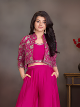 Girls' Rani Pink Floral Print Lehenga Choli Set with Bell Sleeves