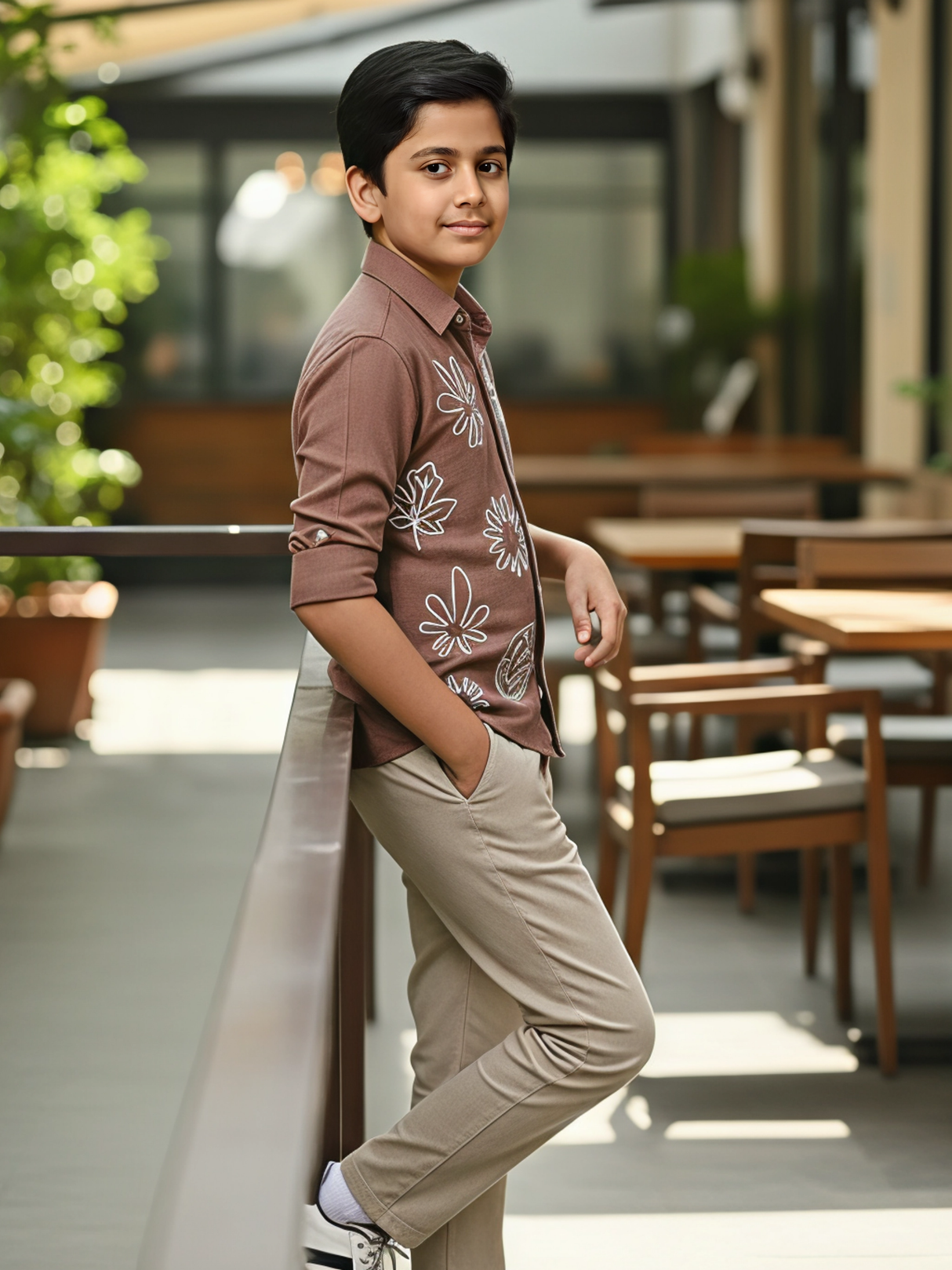 Boys' Brown/Peach Casual Shirt with White Floral Appliqué