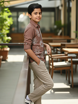 Boys' Brown/Peach Casual Shirt with White Floral Appliqué