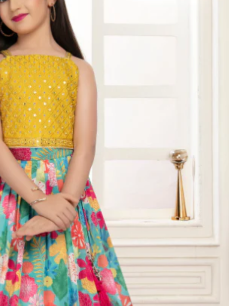 Girls' Playful White & Orange Seashell Print Lehenga Set