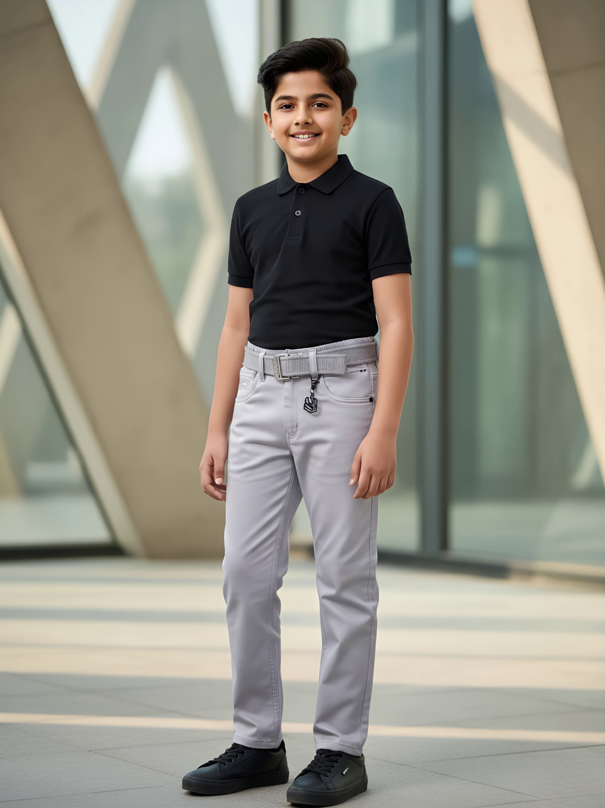 Boys' Light Grey Wash Denim Jeans with Black Contrast Belt.