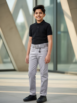 Boys' Light Grey Wash Denim Jeans with Black Contrast Belt.