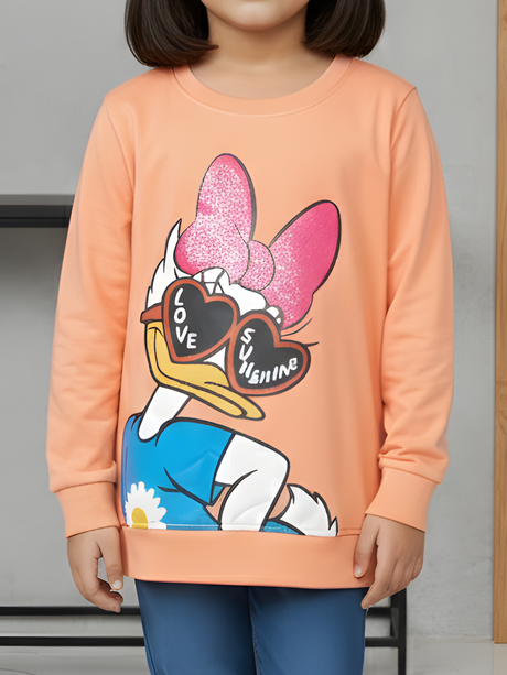 Girls' Peach Long-Sleeve Graphic Tee with Sequin Bow and Heart Sunglasses