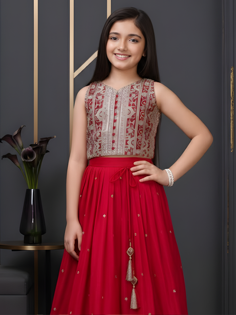 Girls' Deep Red Heavy Zari & Sequin Embroidered Lehenga Choli.