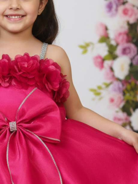 Girls' Hot Rani Pink Tiered Party Frock with Crystal Straps and Oversized Bow.