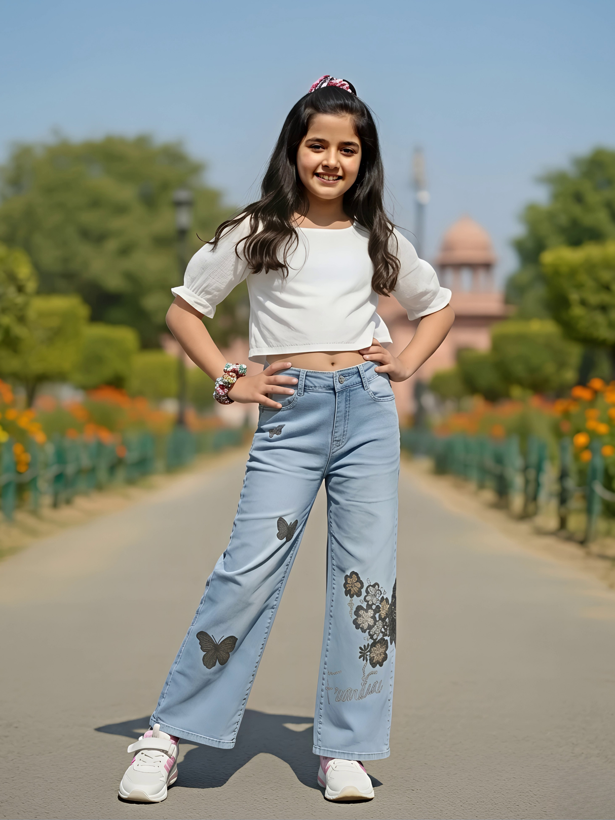 Girls' Light Blue Butterfly & Floral Print Wide-Leg Jeans