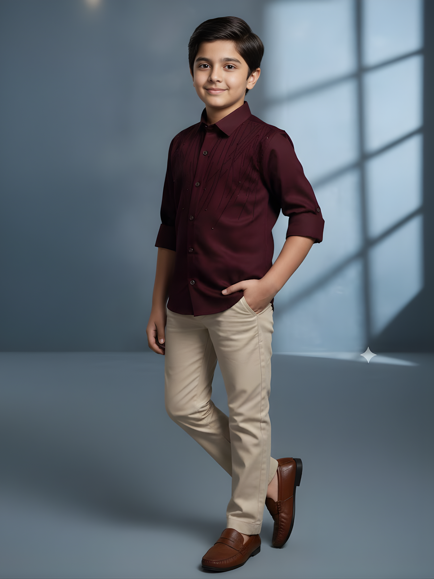 Boys Maroon Embroidered Slim-Fit Party Wear Shirt