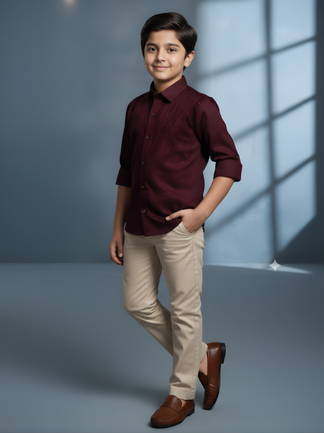 Boys Maroon Embroidered Slim-Fit Party Wear Shirt