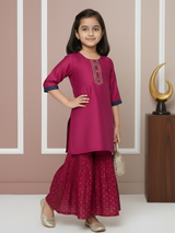 Girls' Magenta Art Silk Kurti and Printed Plazo Set