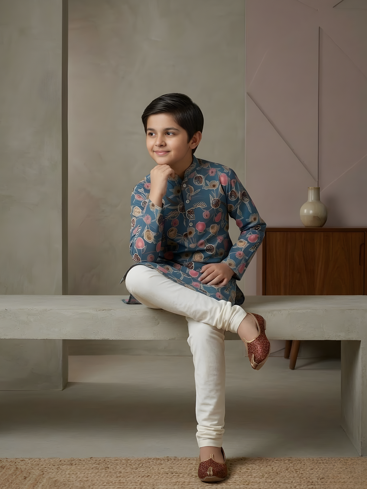 Boys' Teal Blue Floral Print Kurta with Cream Pyjama Set.