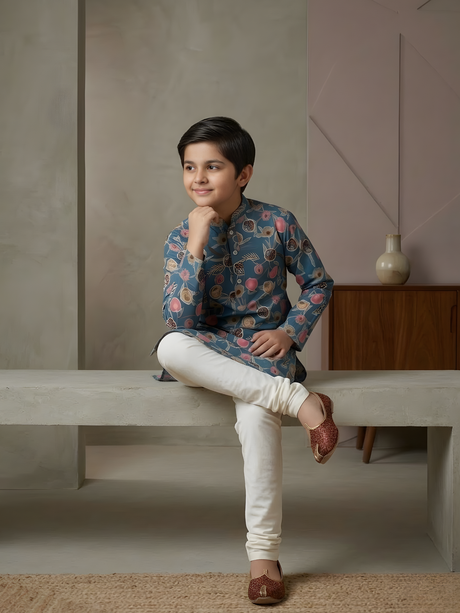 Boys' Teal Blue Floral Print Kurta with Cream Pyjama Set.