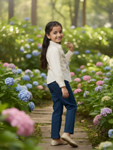 Girls' Embroidered Puff-Sleeve Collared Blouse | Cream & Brown