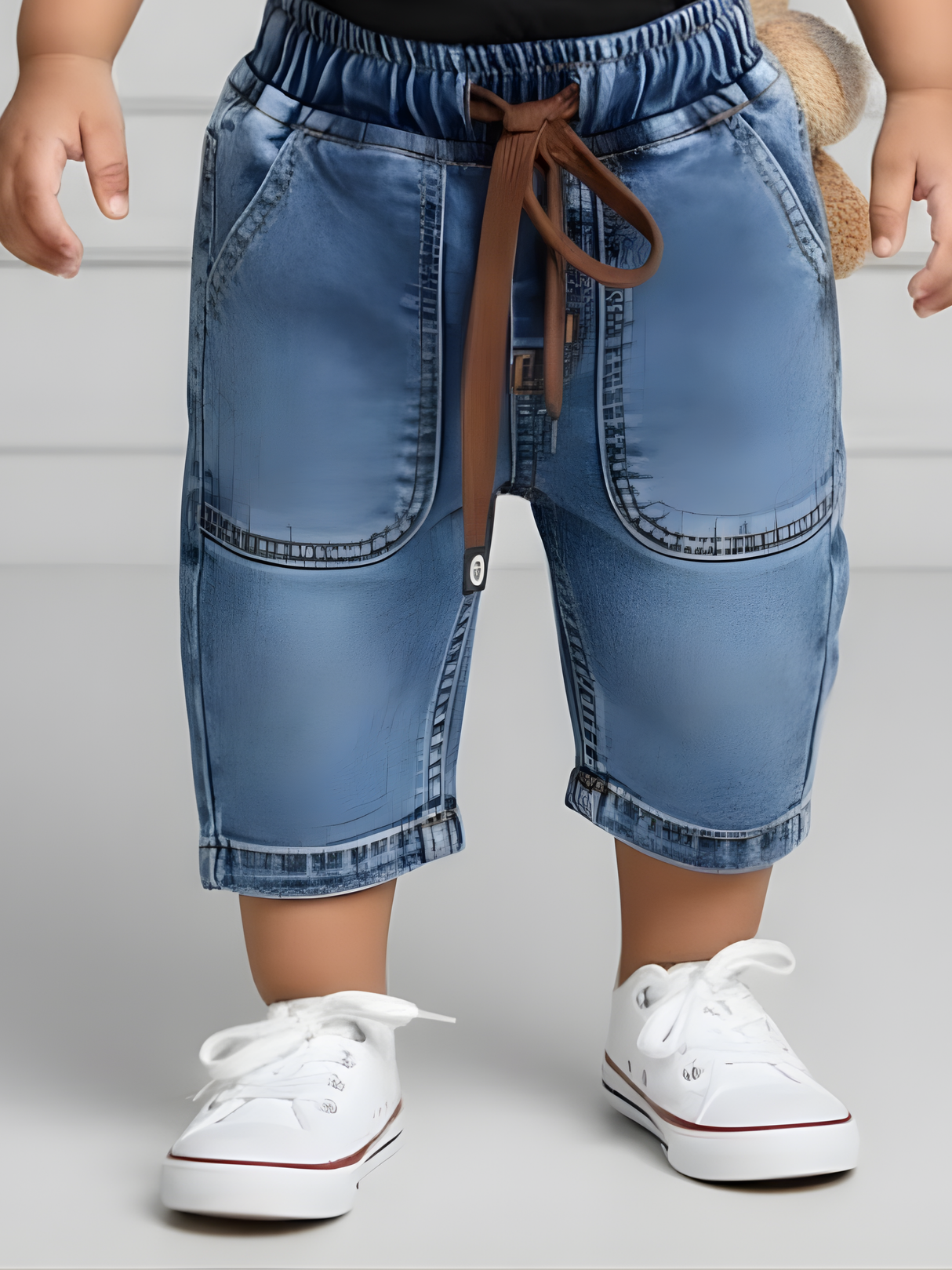 Toddler Boys Light Blue Denim Utility Shorts with Brown Drawstring